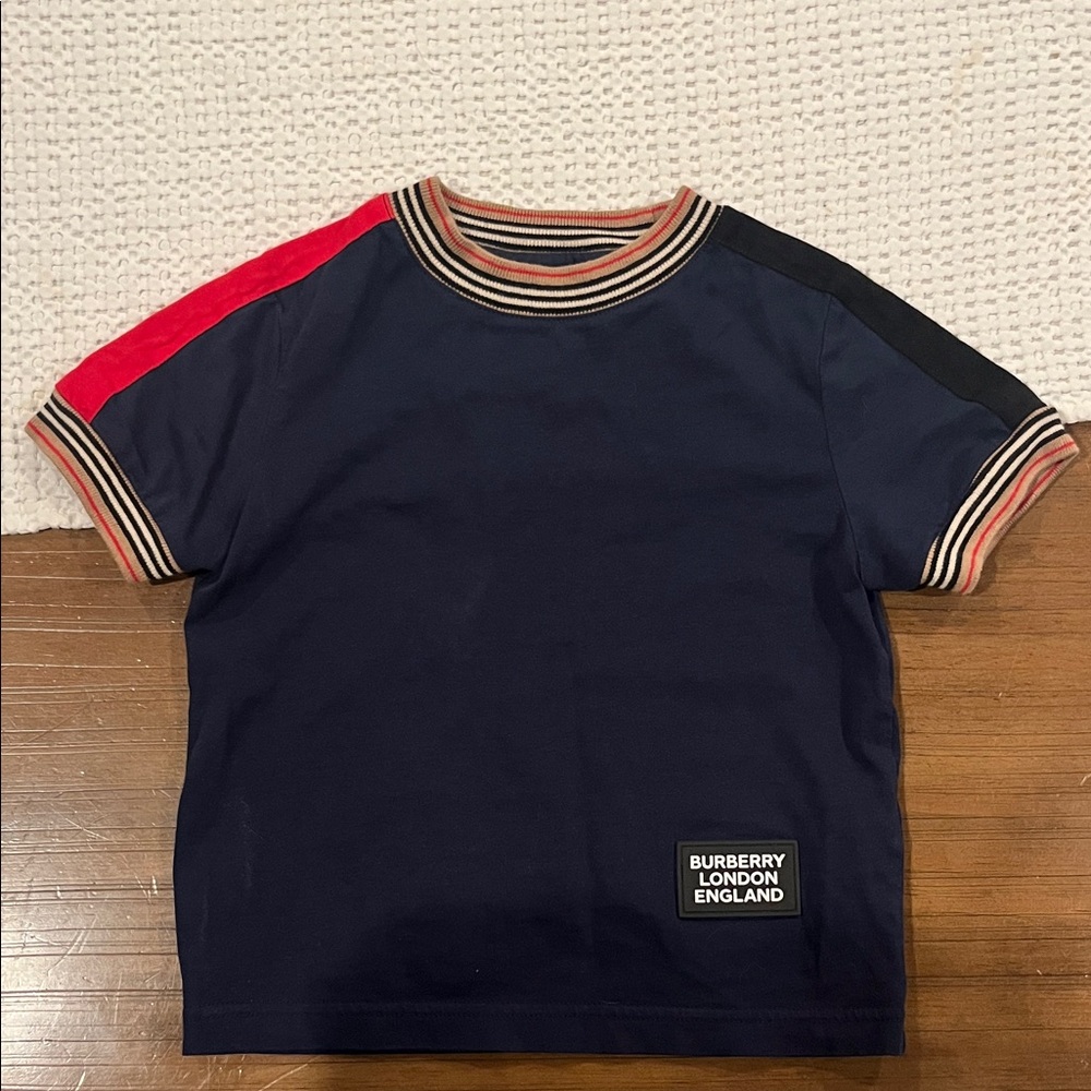 Burberry Kids Navy T-Shirt with Red and Black Accents